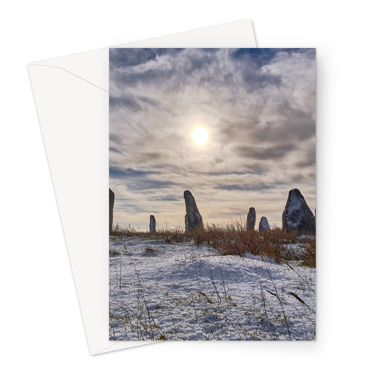 Cnoc Fillibhir Bheag/Callanish III in snow and sunshine Greeting Card