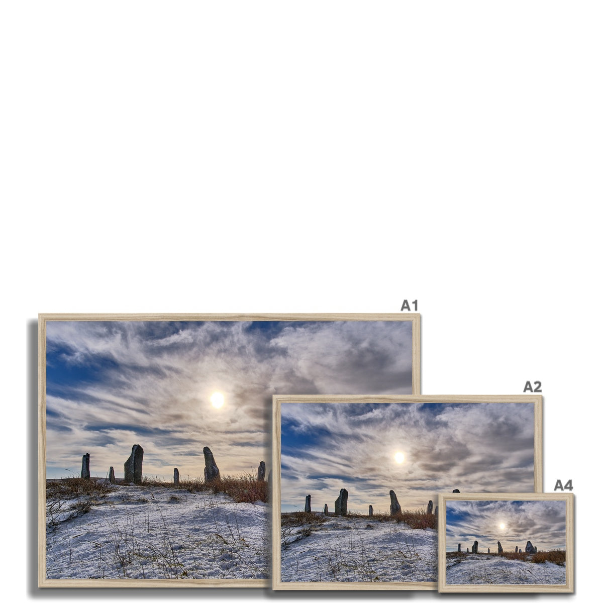 Cnoc Fillibhir Bheag/Callanish III in snow and sunshine Framed Print