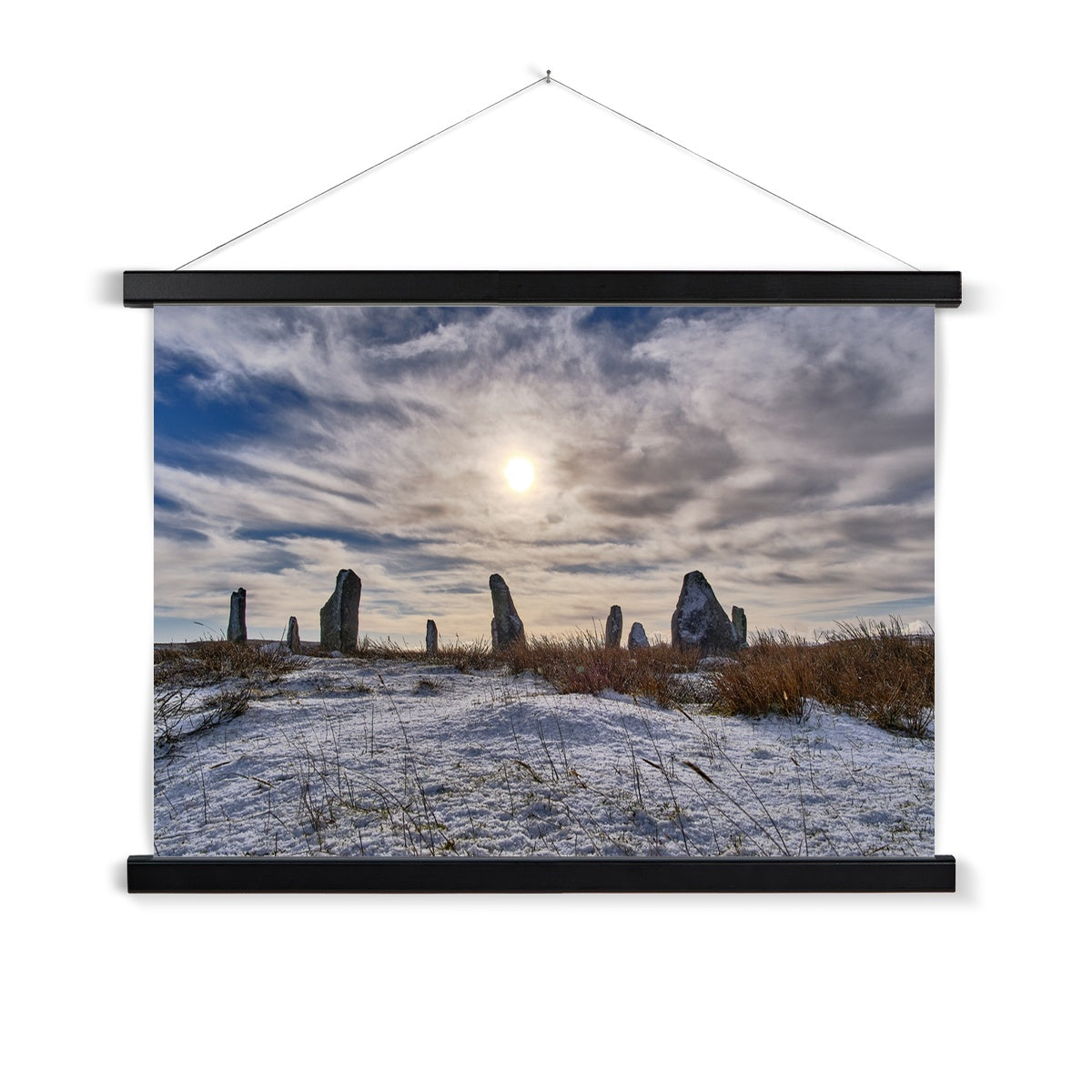 Cnoc Fillibhir Bheag/Callanish III in snow and sunshine Fine Art Print with Hanger