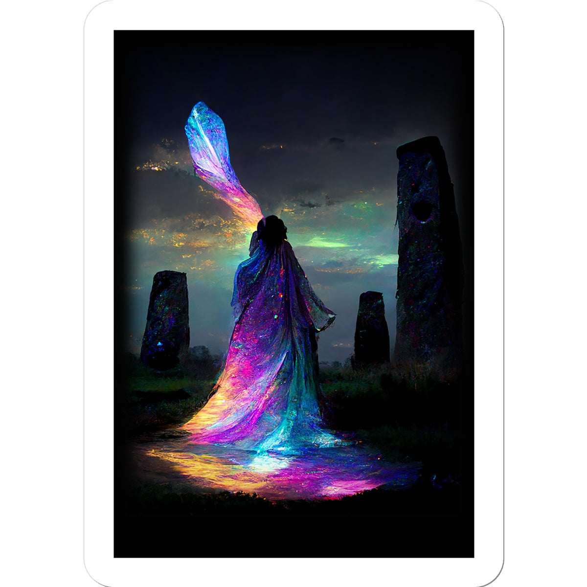 Iridescent energy fairy amongst ancient standing stones 1 Sticker