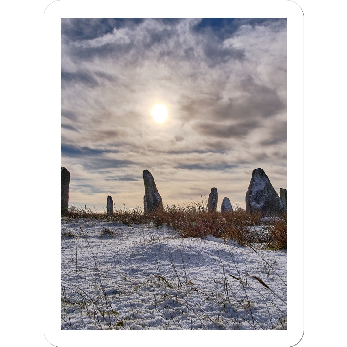 Cnoc Fillibhir Bheag/Callanish III in snow and sunshine Sticker