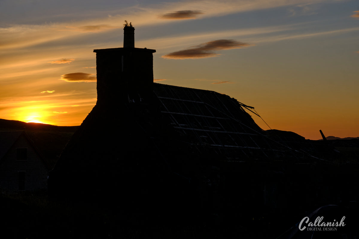 Callanish Blackhouse ruin at sunset on summer solstice 2020