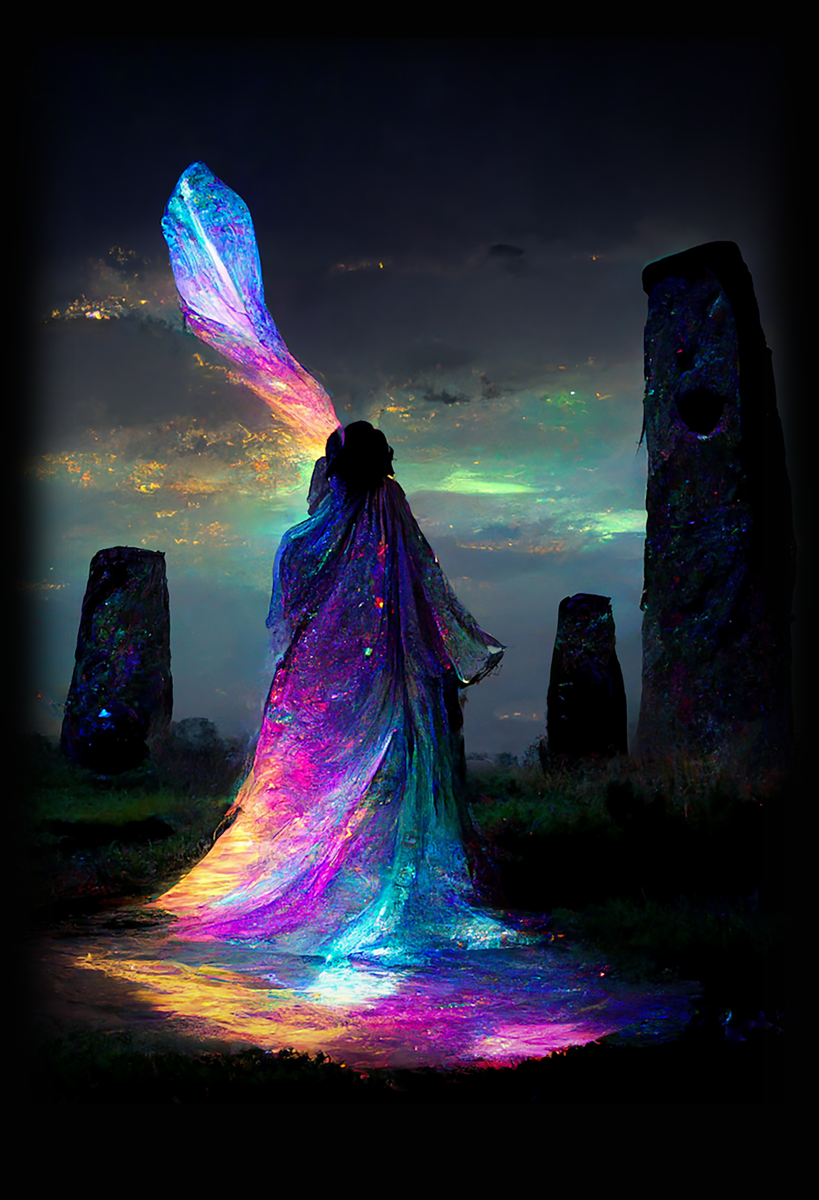 Iridescent energy fairy amongst ancient standing stones 1