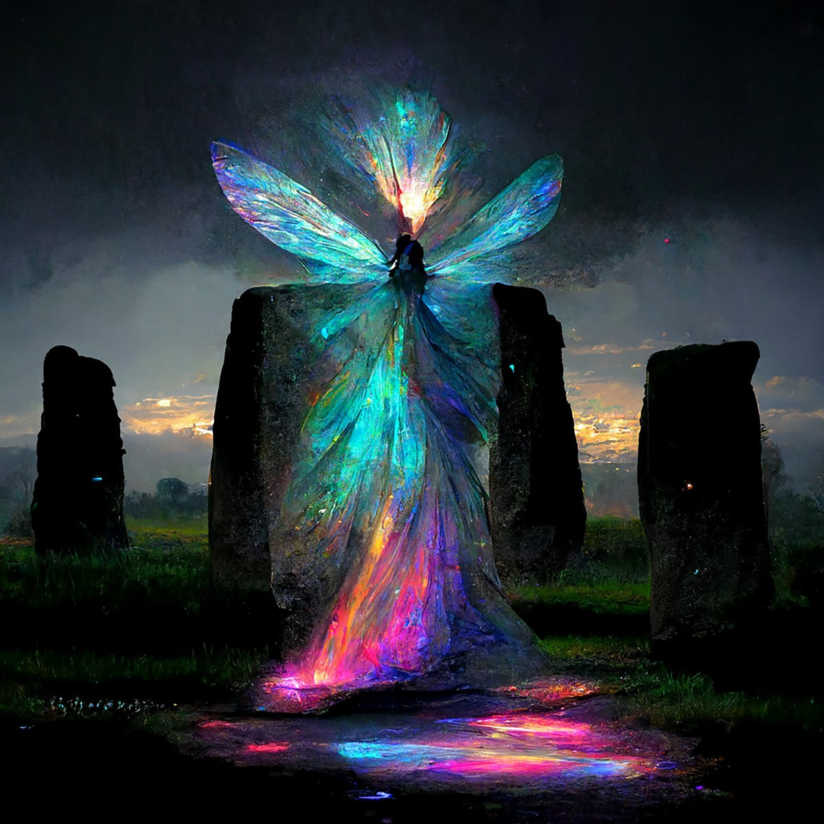 Iridescent energy fairy amongst ancient standing stones