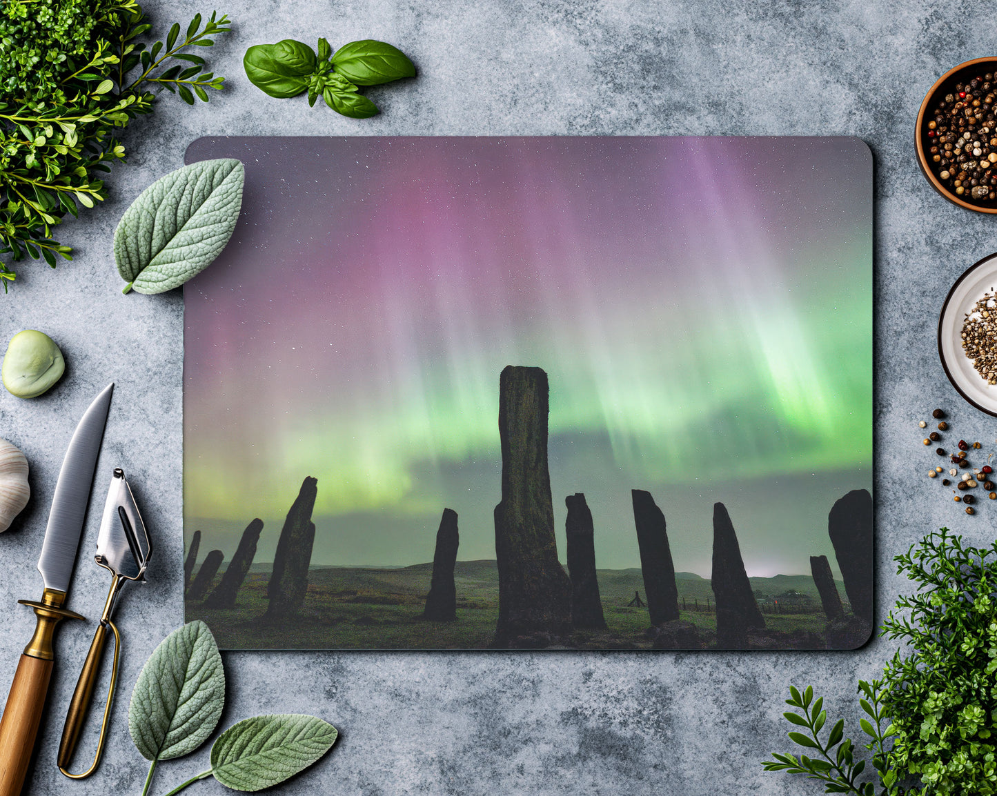 Callanish Standing Stones and Aurora Glass chopping board