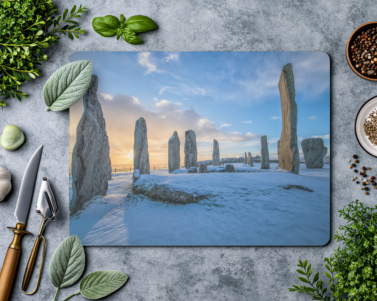 Callanish Standing Stones and winter snowy sunrise - Glass Chopping Board
