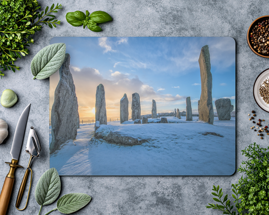 Callanish Standing Stones and winter snowy sunrise - Glass Chopping Board