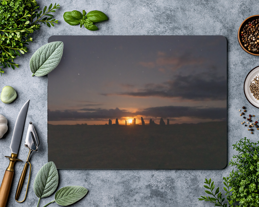 New Lunar cycle moonrise from Cnoc Fhillibhir Bheag / Callanish III - Glass chopping board