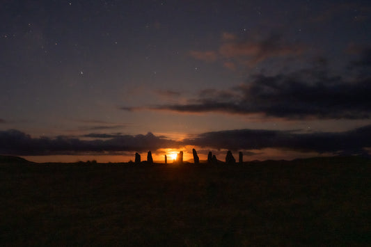 New Lunar cycle moonrise from Cnoc Fhillibhir Bheag / Callanish III - Glass chopping board