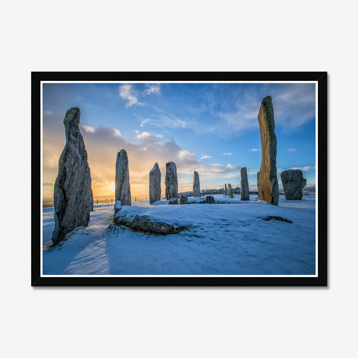 Callanish Standing Stones and winter snowy sunrise - Framed Print