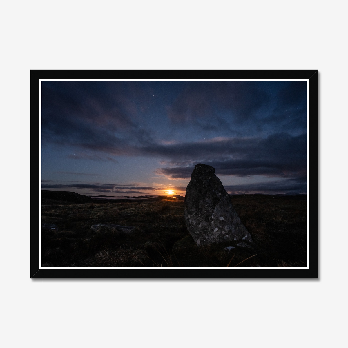 New Lunar cycle moonrise from Cnoc Fhillibhir Bheag / Callanish III 2nd view - Framed print