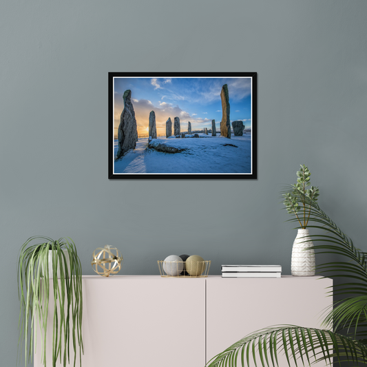 Callanish Standing Stones and winter snowy sunrise - Framed Print