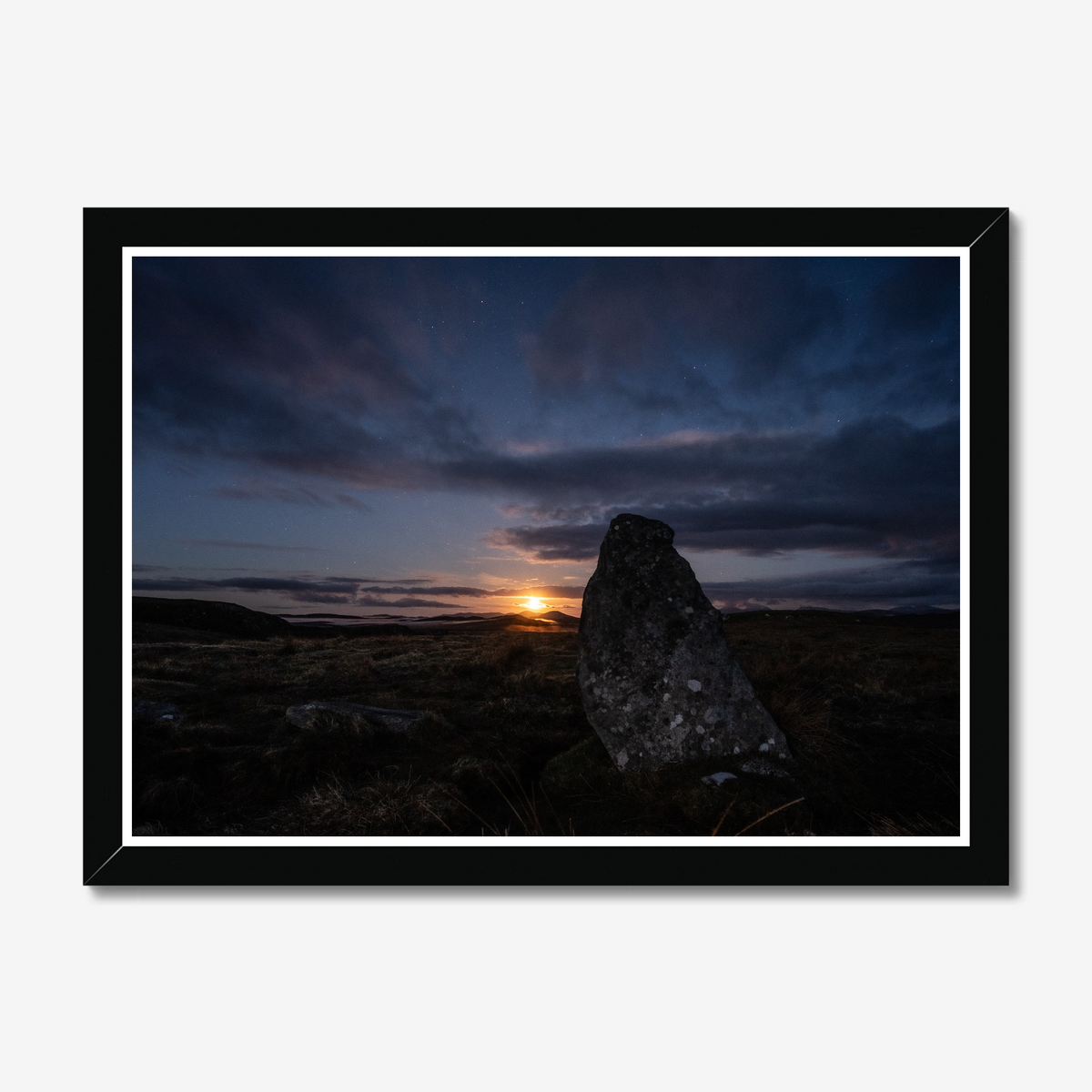 New Lunar cycle moonrise from Cnoc Fhillibhir Bheag / Callanish III 2nd view - Framed print