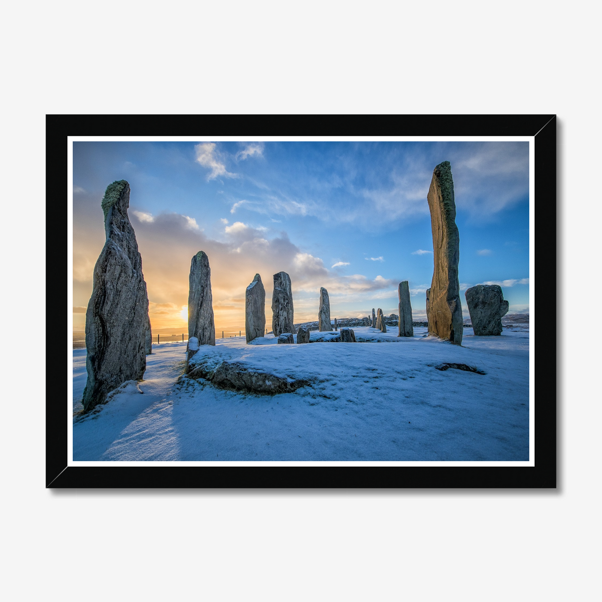 Callanish Standing Stones and winter snowy sunrise - Framed Print