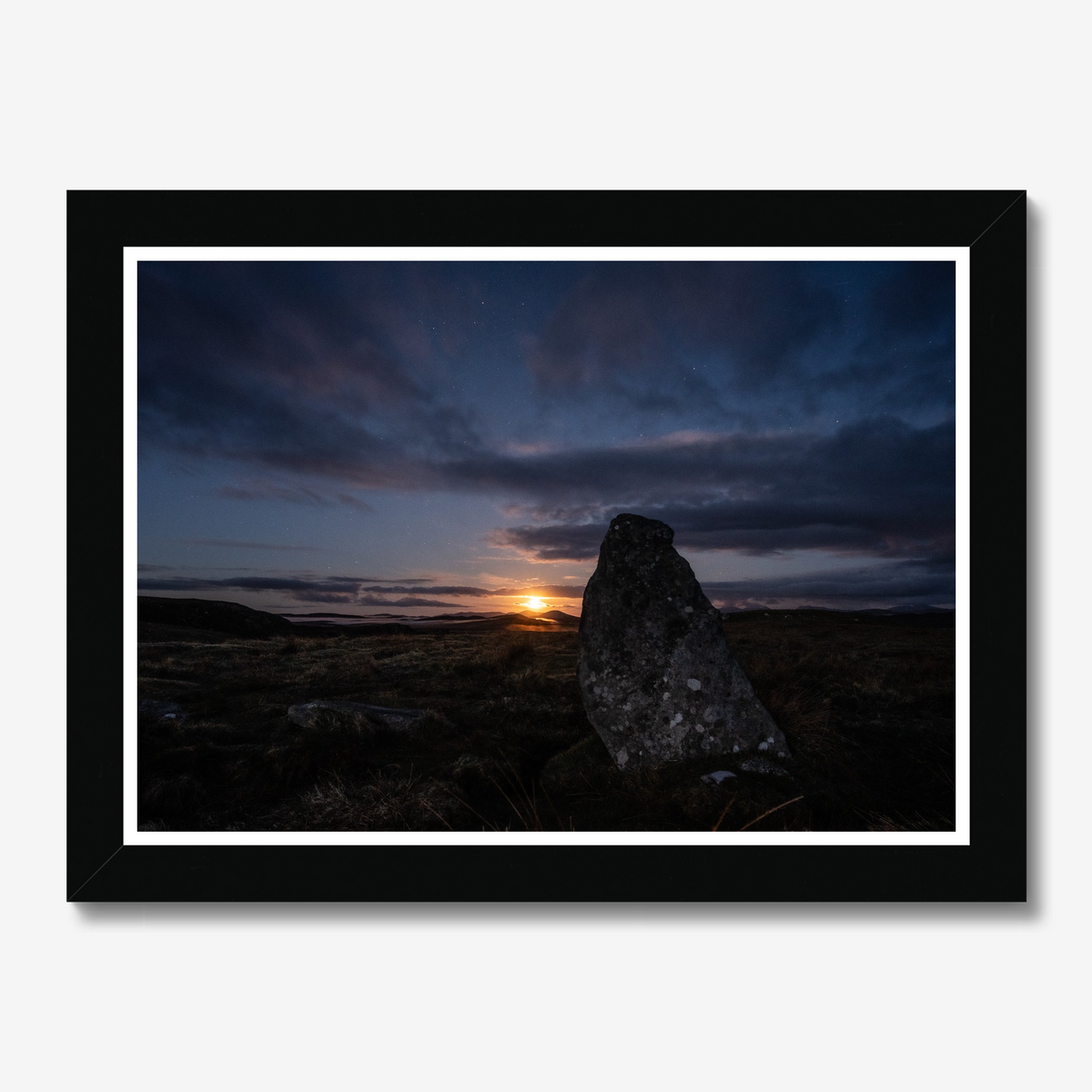 New Lunar cycle moonrise from Cnoc Fhillibhir Bheag / Callanish III 2nd view - Framed print