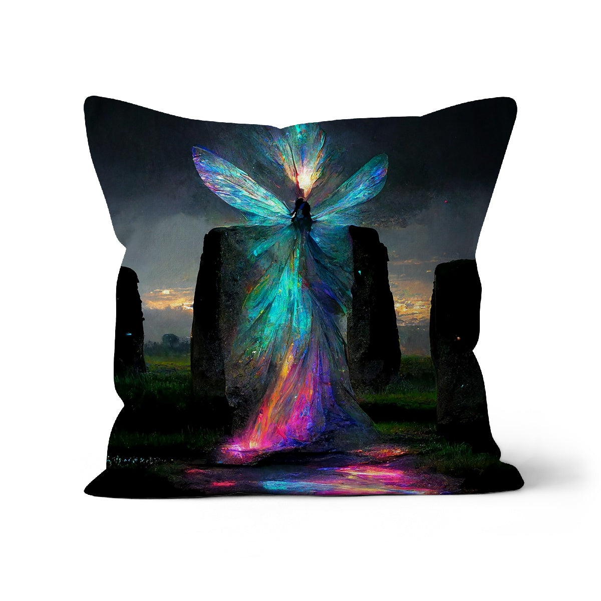 Iridescent energy fairy amongst ancient standing stones Cushion