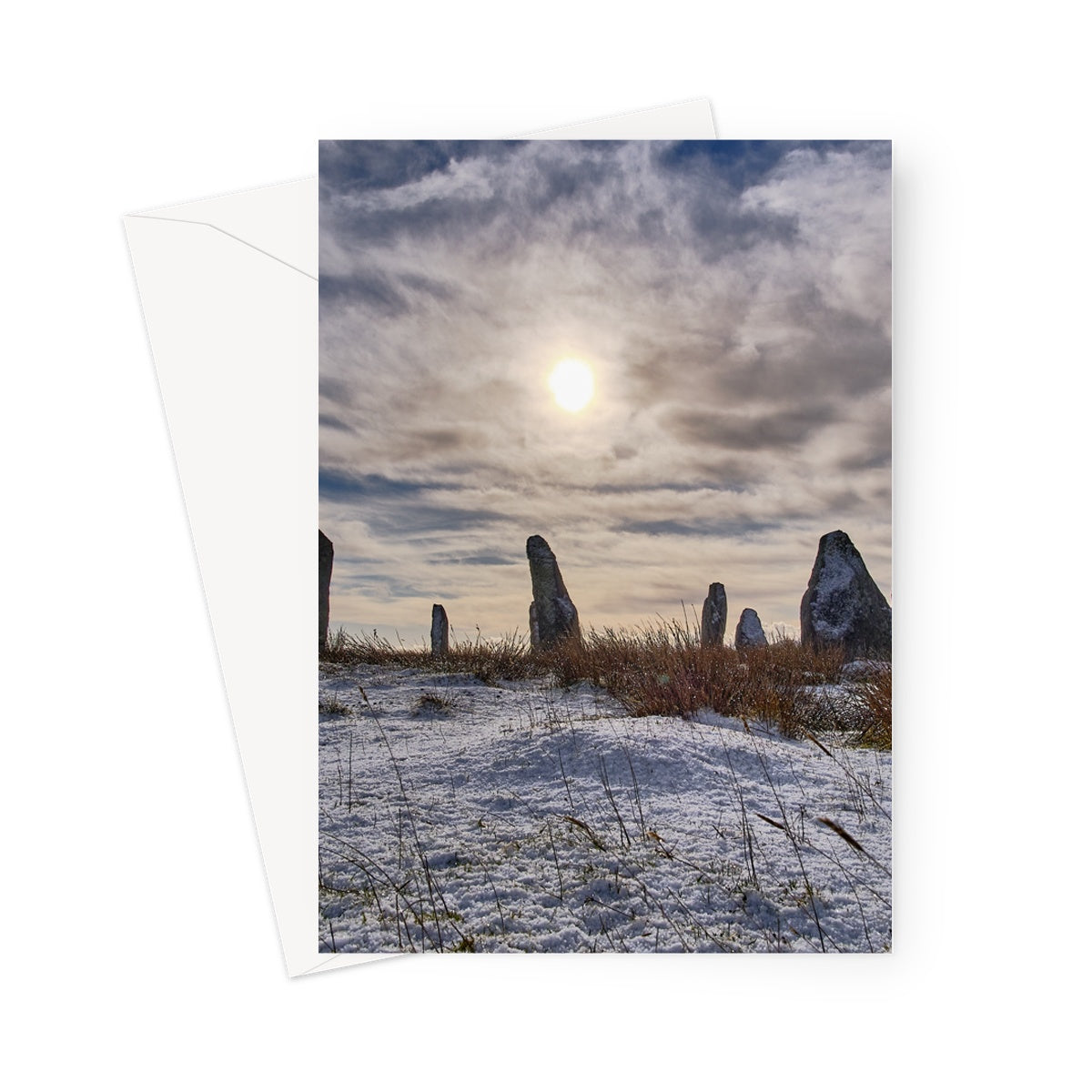 Cnoc Fillibhir Bheag/Callanish III in snow and sunshine Greeting Card