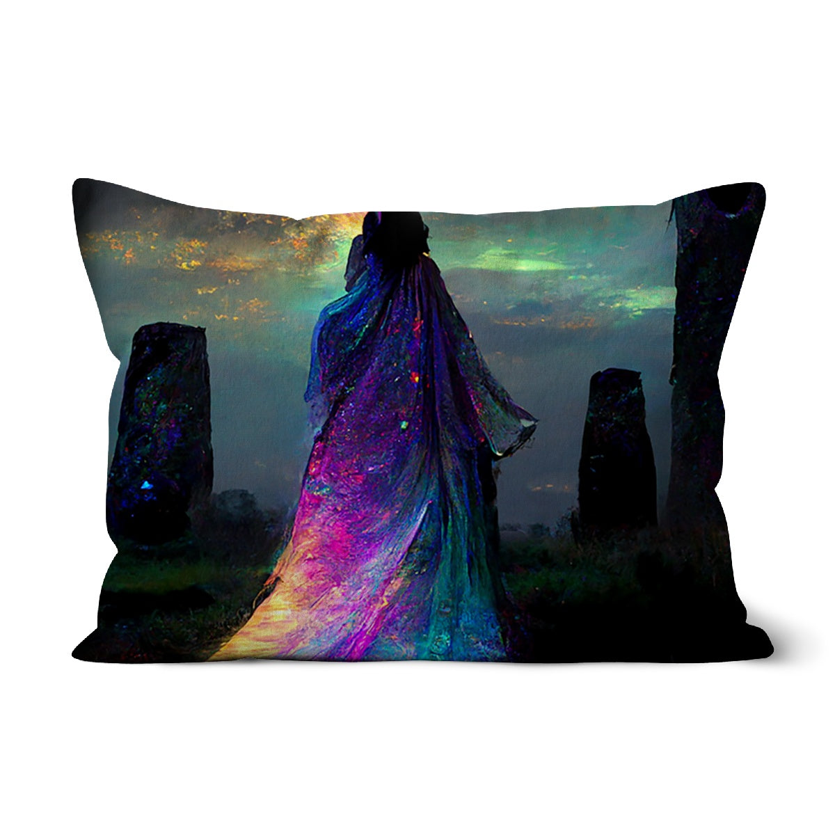 Iridescent energy fairy amongst ancient standing stones 1 Cushion
