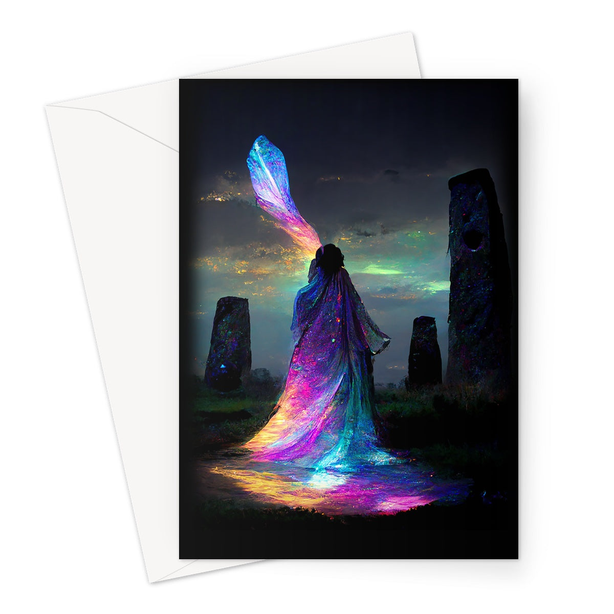 Iridescent energy fairy amongst ancient standing stones 1 Greeting Card