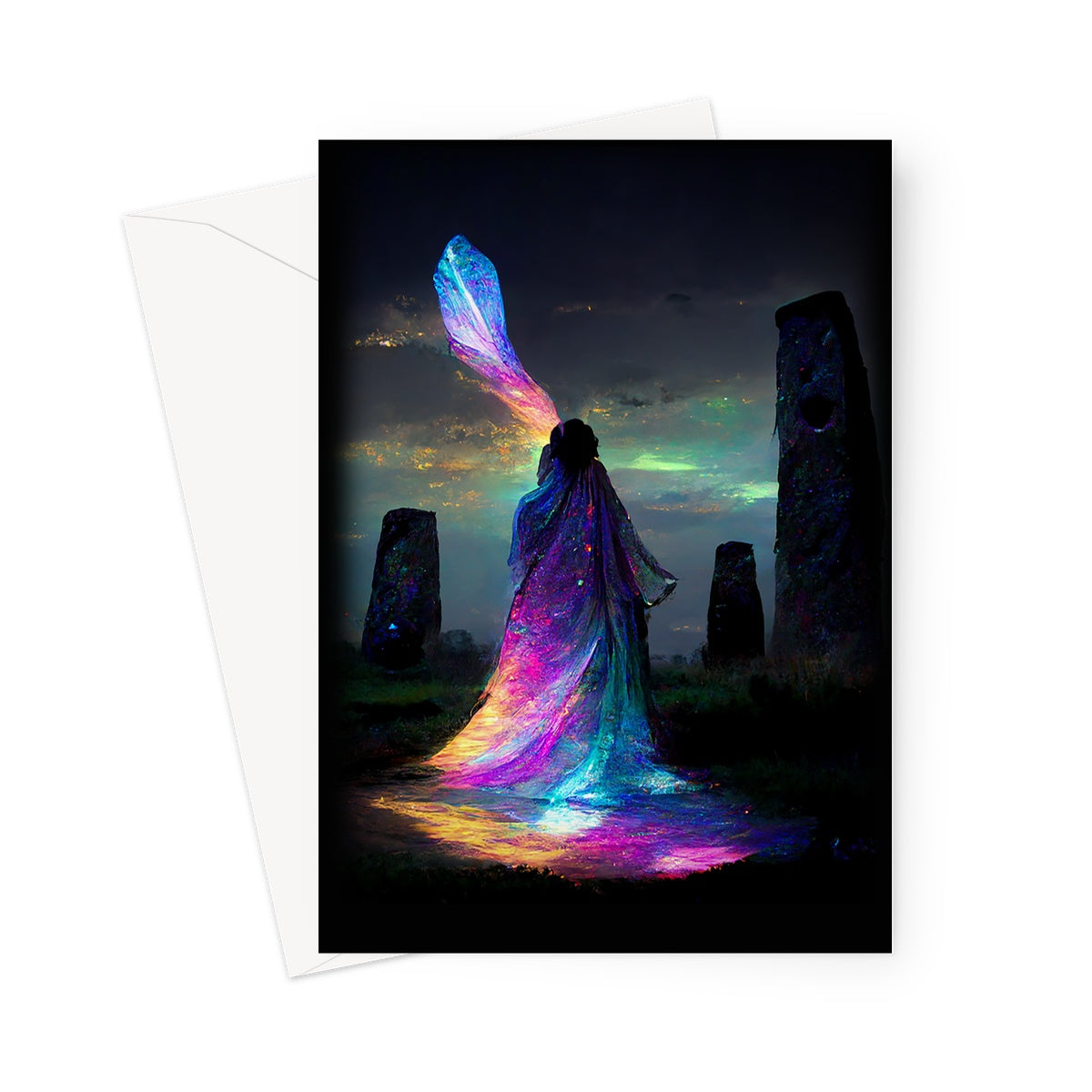 Iridescent energy fairy amongst ancient standing stones 1 Greeting Card
