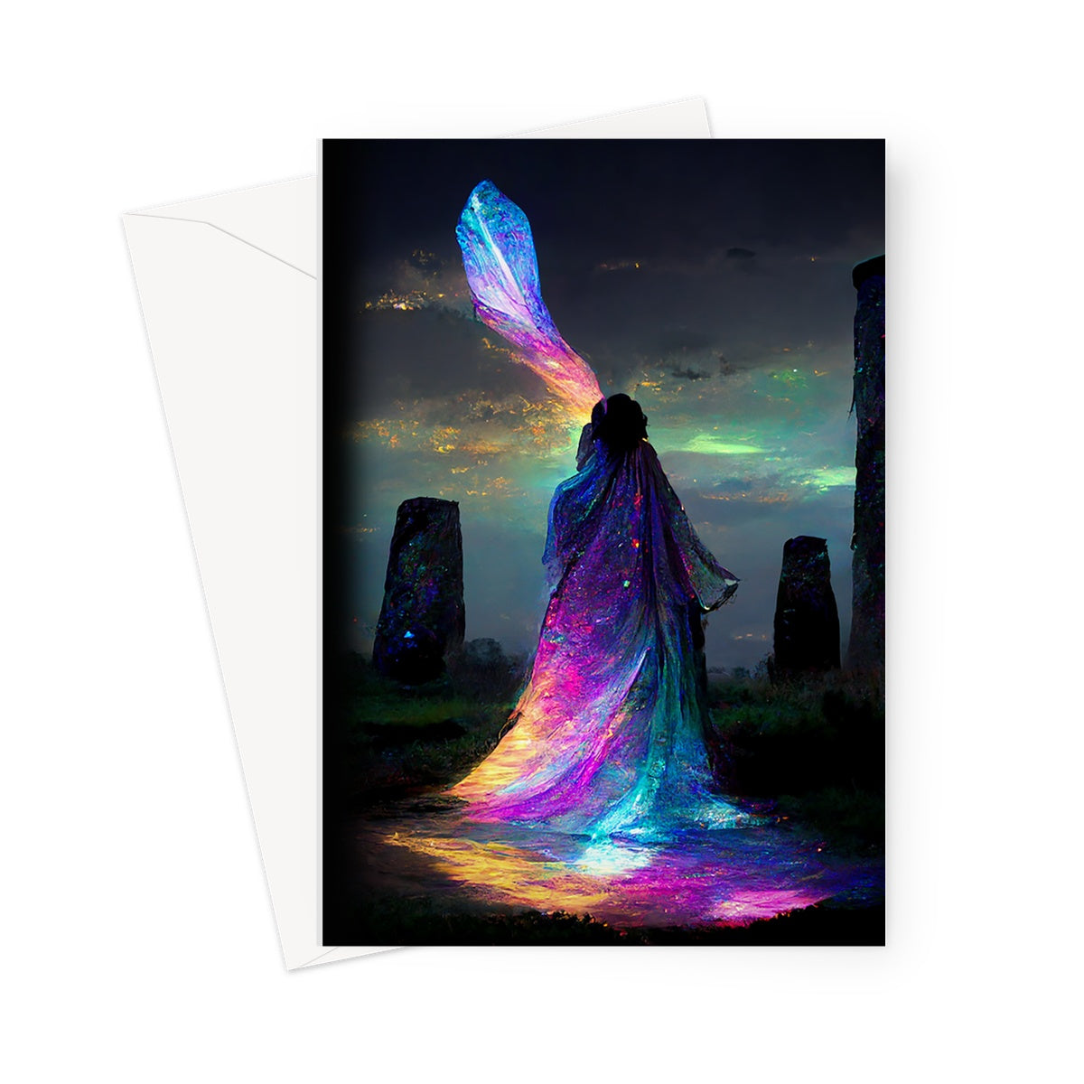 Iridescent energy fairy amongst ancient standing stones 1 Greeting Card