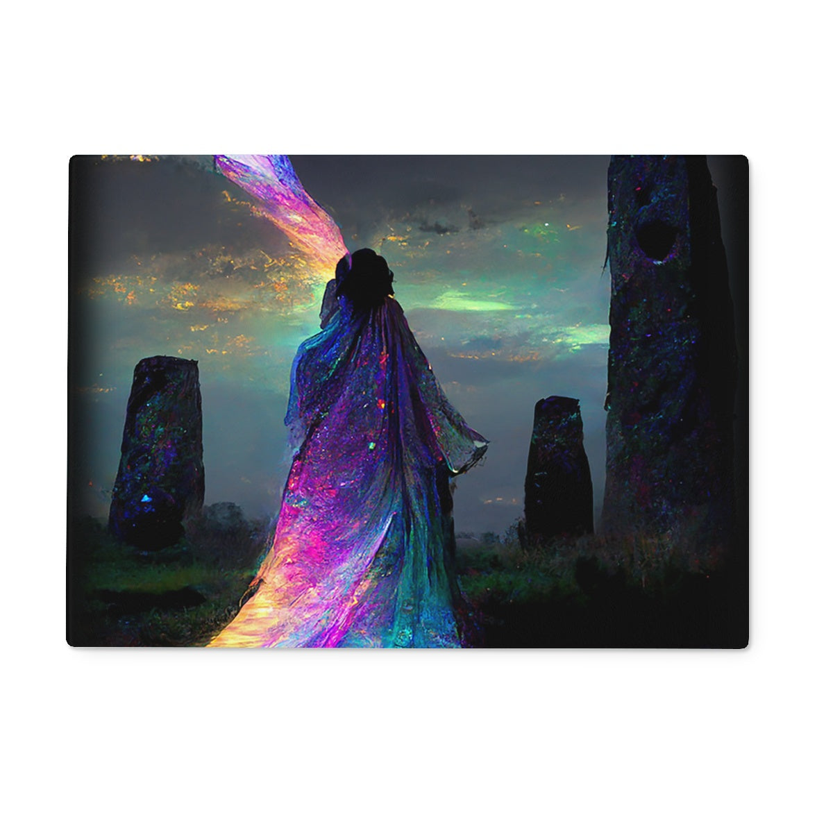 Iridescent energy fairy amongst ancient standing stones 1 Glass Chopping Board