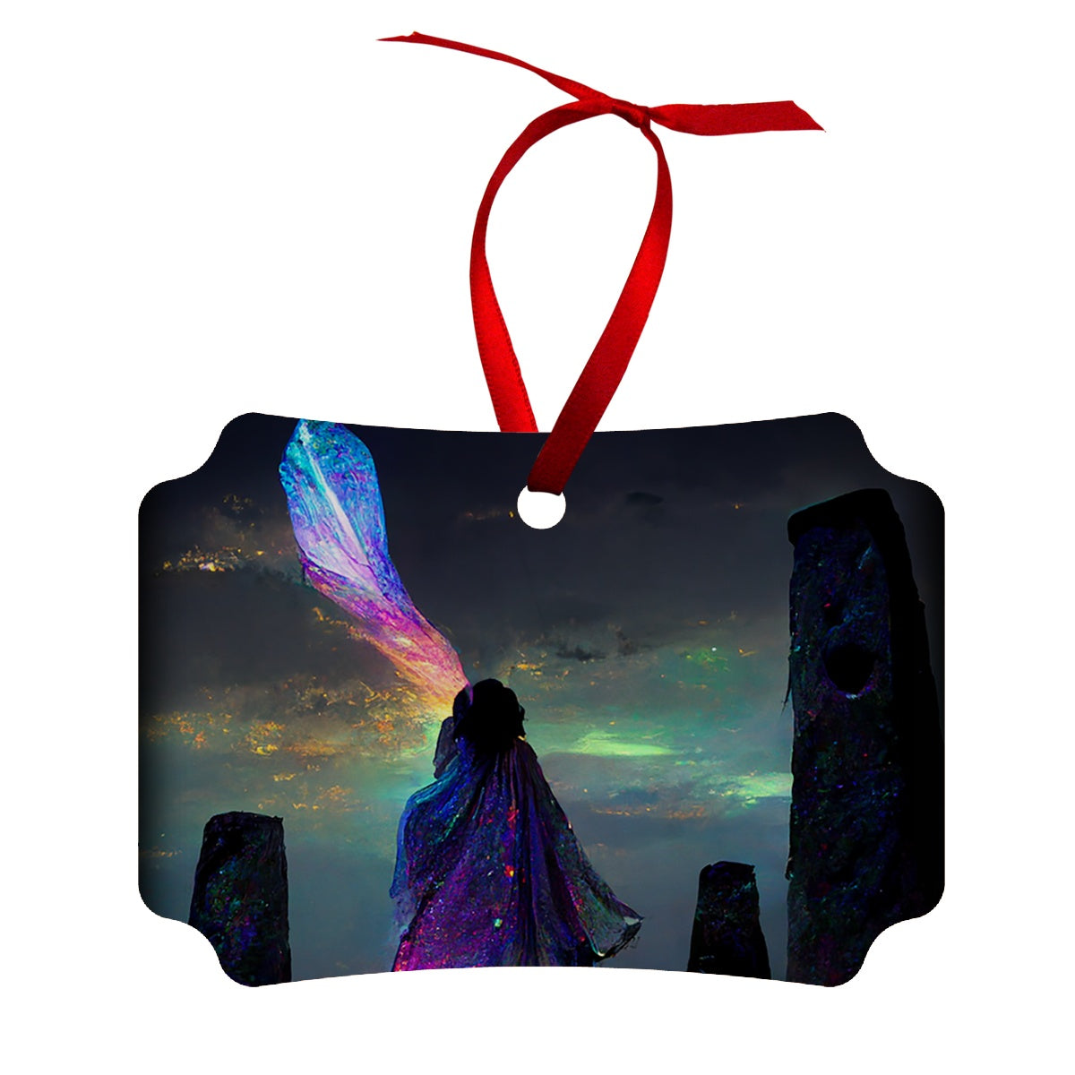 Iridescent energy fairy amongst ancient standing stones 1 Wood Ornament
