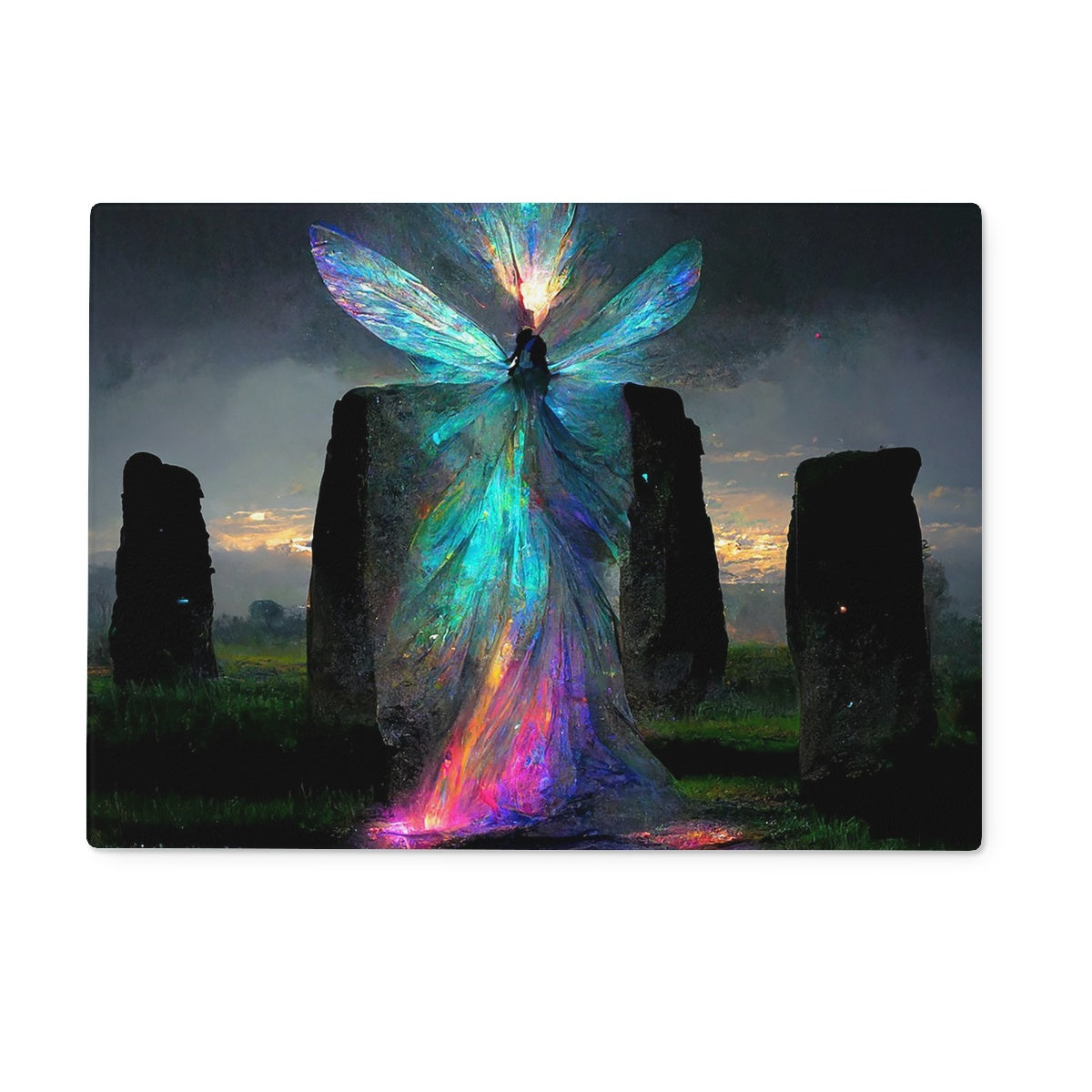 Iridescent energy fairy amongst ancient standing stones Glass Chopping Board
