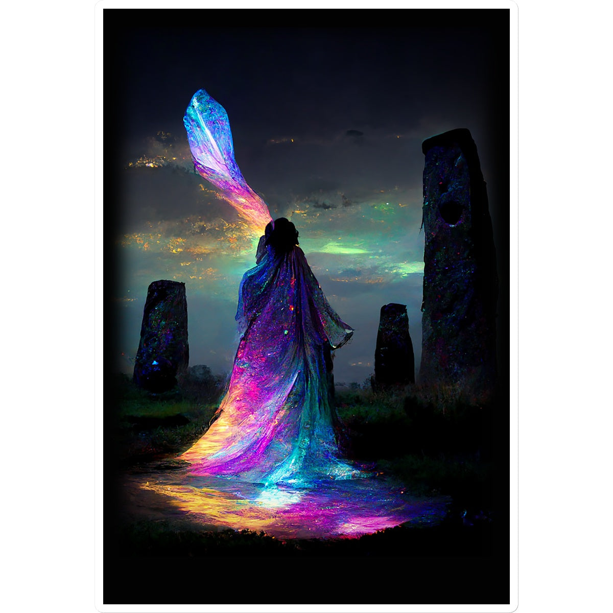 Iridescent energy fairy amongst ancient standing stones 1 Sticker