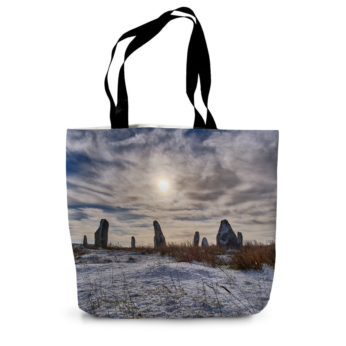 Cnoc Fillibhir Bheag/Callanish III in snow and sunshine Canvas Tote Bag