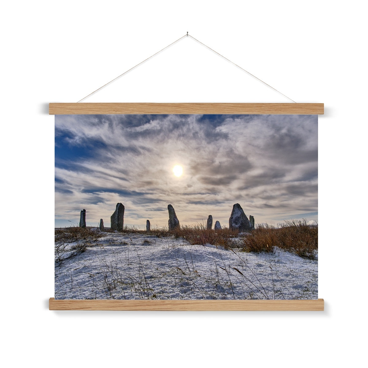 Cnoc Fillibhir Bheag/Callanish III in snow and sunshine Fine Art Print with Hanger
