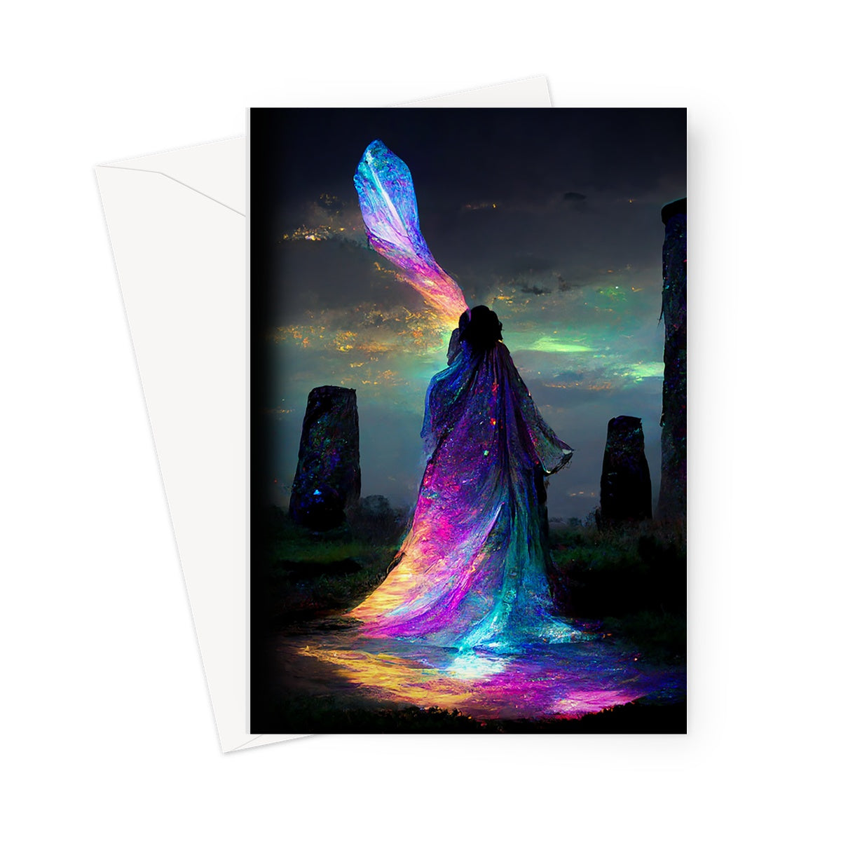 Iridescent energy fairy amongst ancient standing stones 1 Greeting Card
