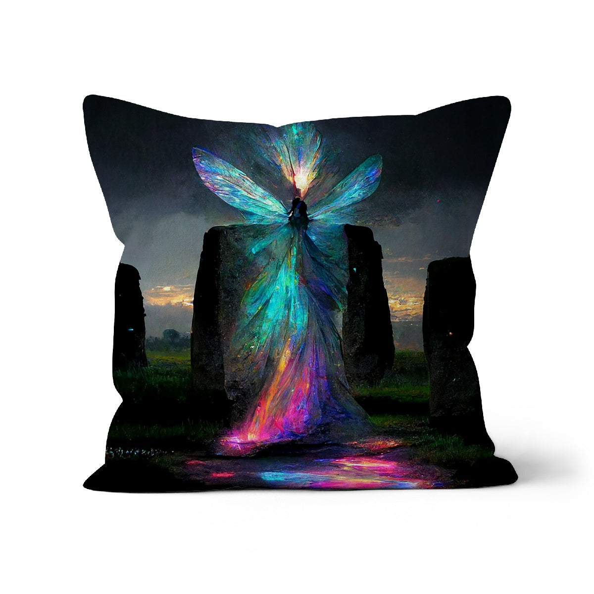Iridescent energy fairy amongst ancient standing stones Cushion