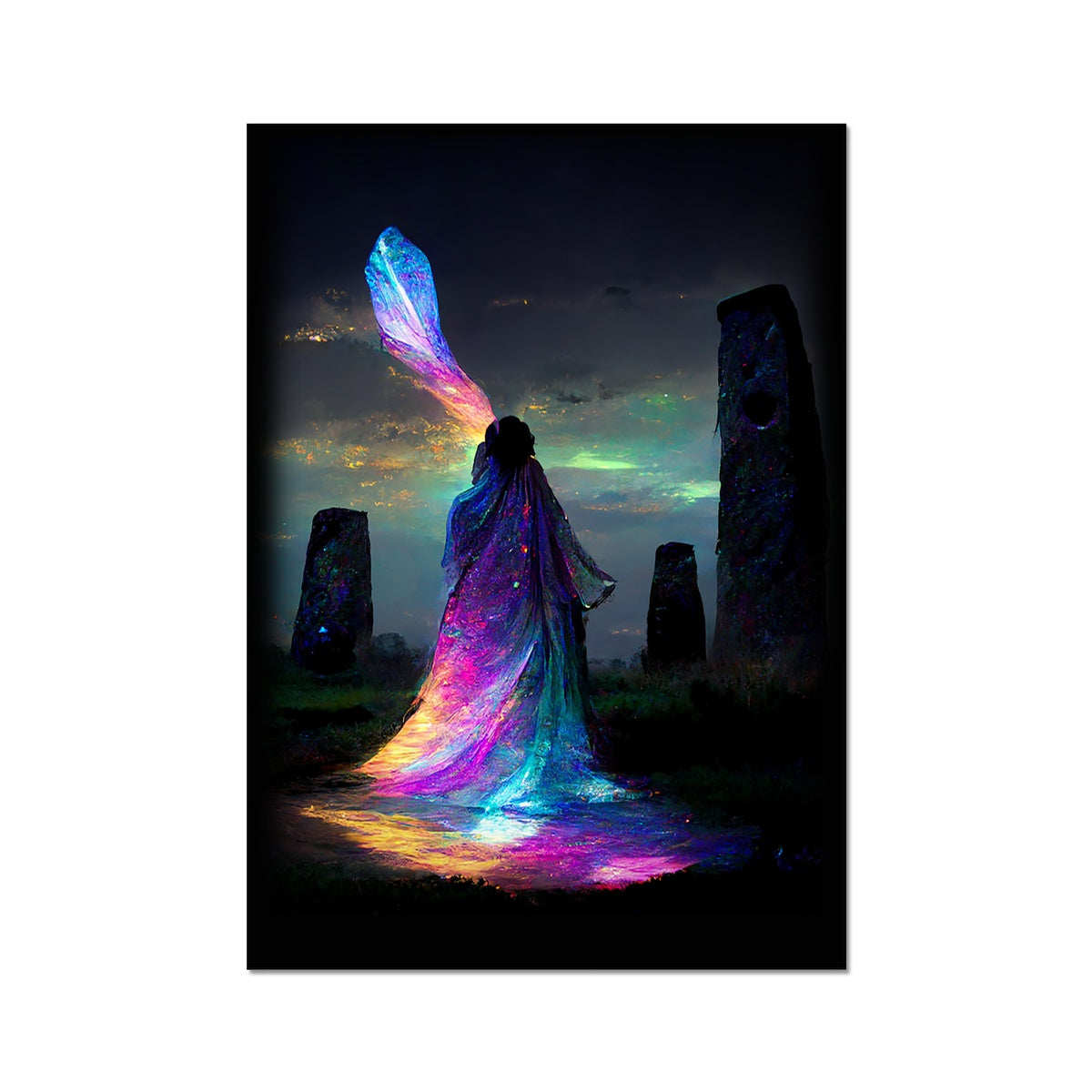 Iridescent energy fairy amongst ancient standing stones 1 Wall Art Poster