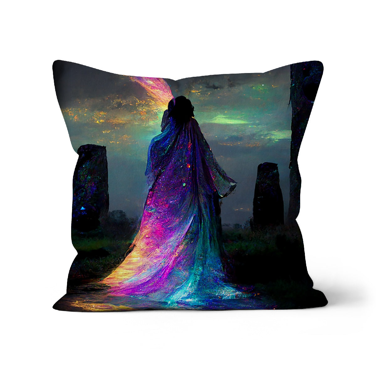 Iridescent energy fairy amongst ancient standing stones 1 Cushion