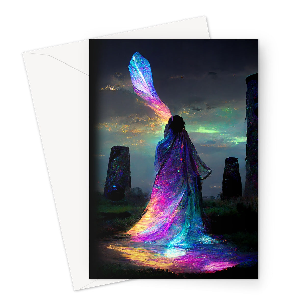Iridescent energy fairy amongst ancient standing stones 1 Greeting Card