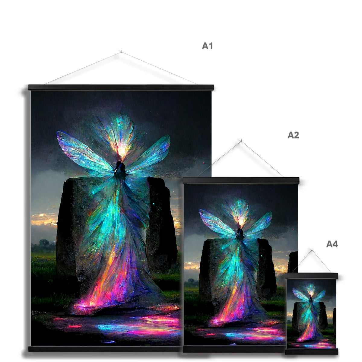 Iridescent energy fairy amongst ancient standing stones Fine Art Print with Hanger