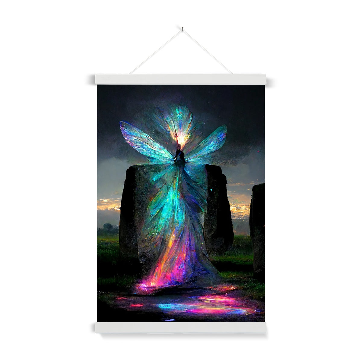 Iridescent energy fairy amongst ancient standing stones Fine Art Print with Hanger