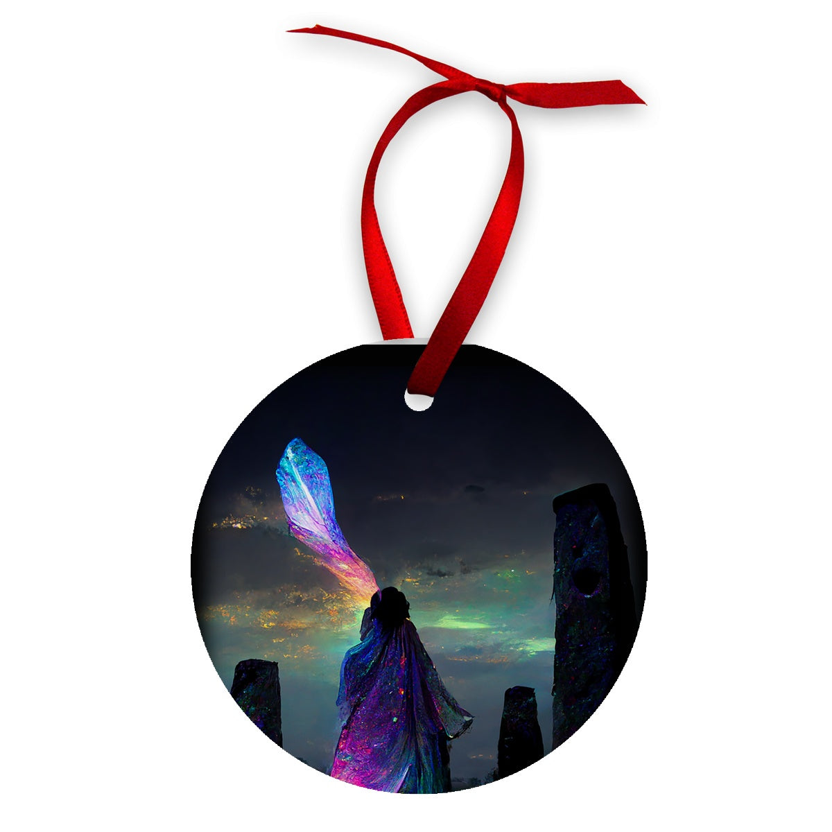 Iridescent energy fairy amongst ancient standing stones 1 Wood Ornament